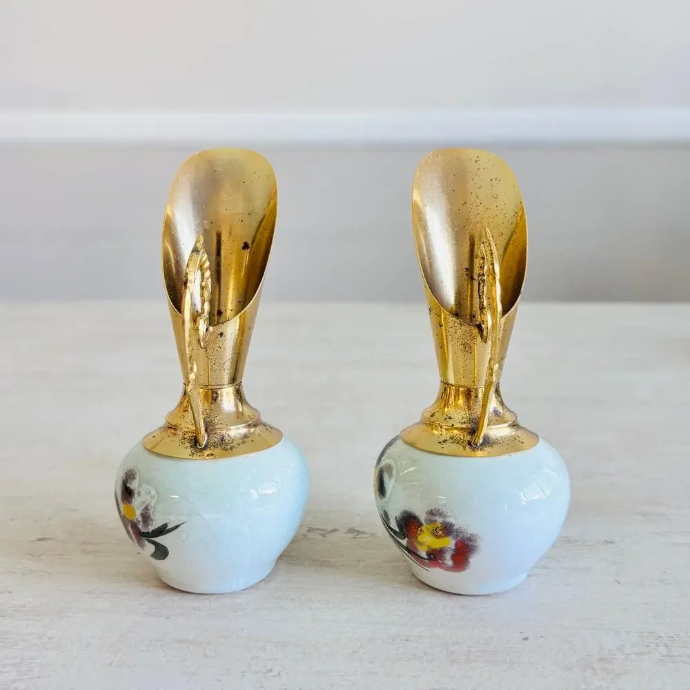 French Floral Ceramic Ewer Pair Gold Gilt Doré à l'Or Fin Made France